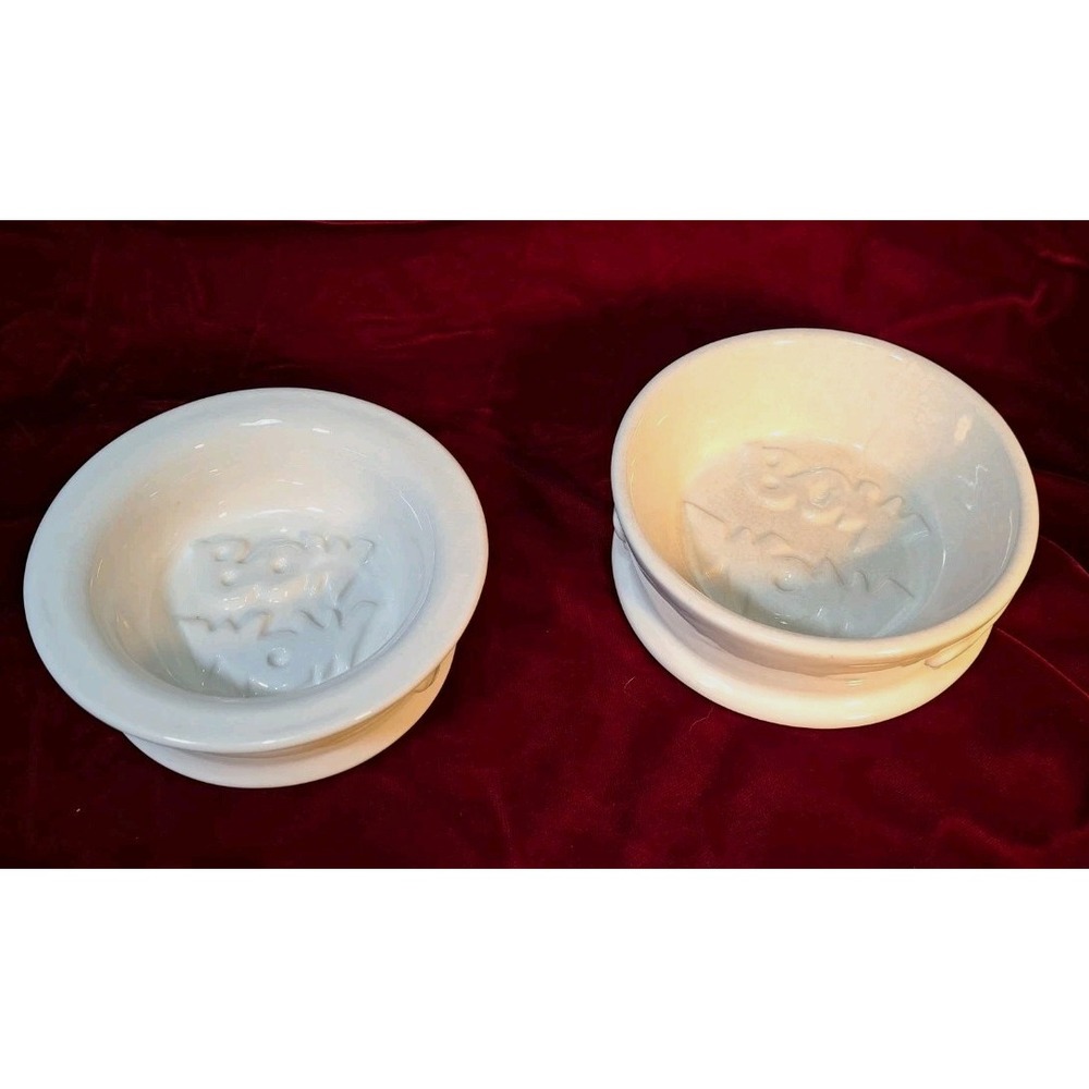 Debby Carman White Ceramic Pet Bowl Set Bow Wow Embossed Bone Design 2pc Signed